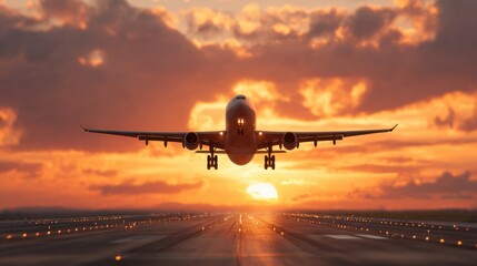 Fototapeta premium Airplane taking off at sunset with runway lights