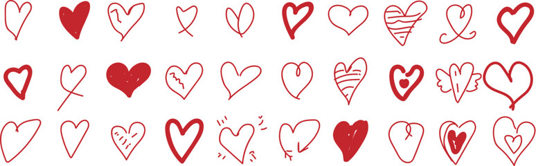 Collection of hand drawn hearts isolated on transparent background