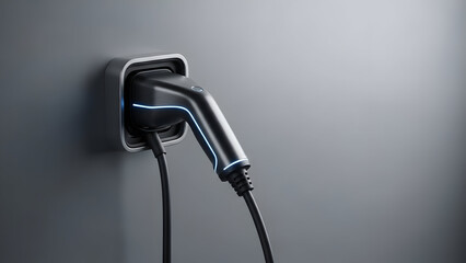 Electric vehicle charging plug socket in wall with blue led light glow for eco friendly transport technology