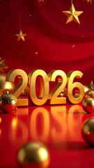 Golden 2026 numerals with Christmas ornaments and stars on red background new year