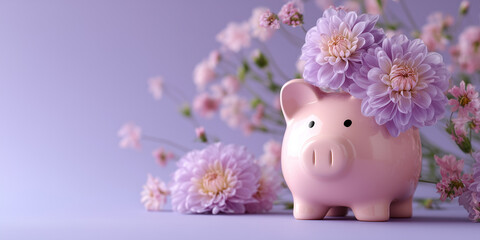 Pink piggy bank with blooming dahlia flowers, representing concept of saving for self care, well being, and women's health copy space banner