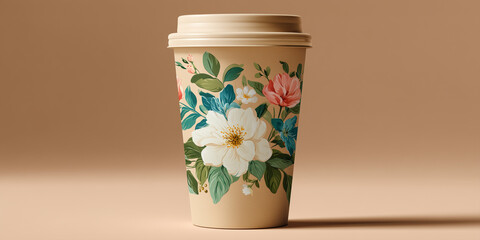 Disposable coffee cup decorated with vibrant flowers and leaves, representing self care, feminism, and international women's day copy space banner