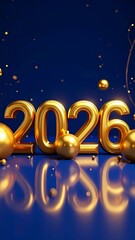 Shiny Golden 2026 Numbers with Reflective Surface and Christmas Baubles on Blue new year