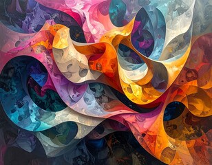 Colorful, abstract artwork with swirling shapes and vibrant hues