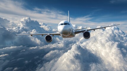 Commercial airplane flying through dramatic clouds