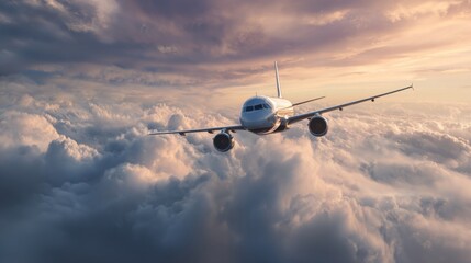 Commercial jet flying above dramatic clouds at sunset