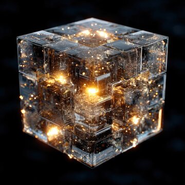 Hyper complex mesmerizing crystalline cube glowing from within appearing in multiple states and locations at once in superposition floating in dark void. Quantum computing and future technology.