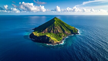 Aerial shot of a lush, triangular volcanic island in vast, deep blue ocean waters