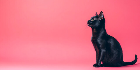 Elegant black cat side profile portrait, sitting and looking up on pink background, sleek fur, domestic pet photography, minimalist style, Bombay or mixed breed.

