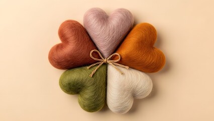 A charming collection of five uniquely colored felt hearts are tied together with rustic twine on a neutral background