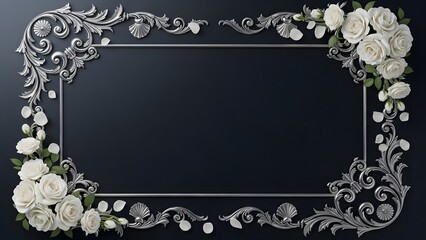 An ornate silver frame beautifully adorned with delicate white roses creating an elegant and captivating visual border