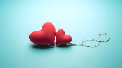 Two vibrant red hearts connected by a delicate string resting on a soft calming light blue backdrop