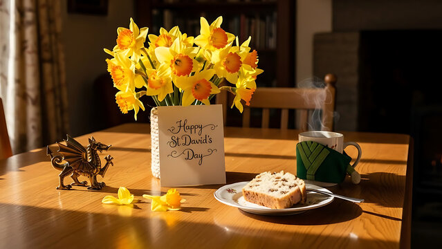 st davids day breakfast table with flowers and cake transparent background