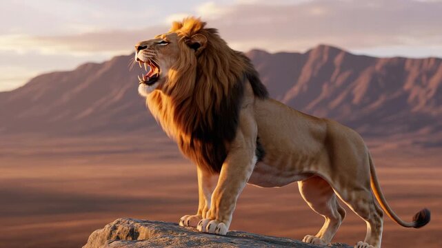 Majestic lion roar standing on mountain ridge at dramatic sunset