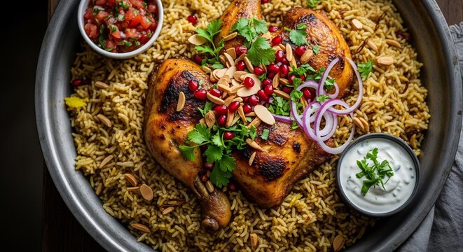 Grilled chicken mandi with aromatic rice, salsa, and yogurt sauce in a metal dish