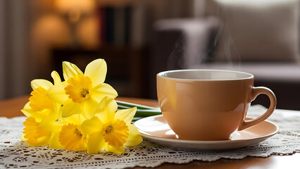 Steaming cup of coffee with yellow daffodils on table transparent background