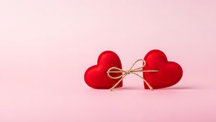 Two vibrant red hearts tied together with natural twine on a soft pink background symbolizing affection