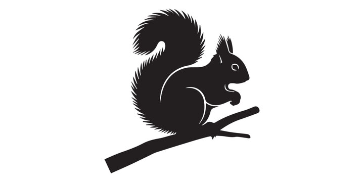 A collection of black squirrel silhouettes in various dynamic and static poses, isolated on a transparent background. Cute cartoon vector illustration of a black squirrel silhouette with a nut on a