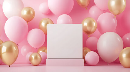 Blank white square podium with pink and gold balloons background, 3D rendering product display stand, birthday gift box or cosmetic advertising mockup, soft pastel style.

