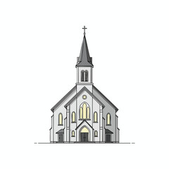 Minimalist illustration of a gray church building with a steeple and cross