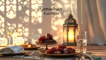 Traditional Ramadan Kareem iftar table setting with dates, lantern, and decorative shadows in a warm and inviting atmosphere, showcasing a serene and peaceful Islamic fasting period.