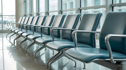 Fototapeta premium Empty red leather seats stand in rows within a silent airport waiting hall, creating a modern interior furniture arrangement for business travel with nobody inside the room