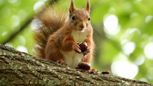 Red squirrel eating a nut on a tree branch in a vibrant green forest background