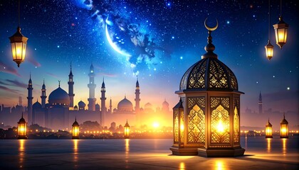 Ornate lantern with crescent moon shining brightly against a starry night sky with mosque silhouettes in the background, creating a serene Islamic ambiance with mystical and magical atmosphe