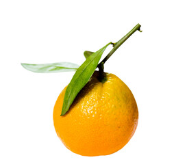 tangerine with green leaves, isolated on white background