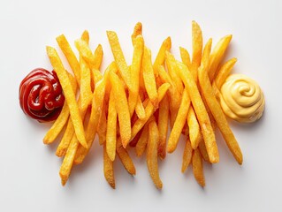 Fototapeta premium Delicious french fries with ketchup and mustard food photography studio setting high-quality visuals culinary appeal