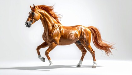 Golden horse figurine in dynamic motion, 3D rendering, isolated on white background, equestrian art, shiny, studio lighting, vibrant mane, flowing tail