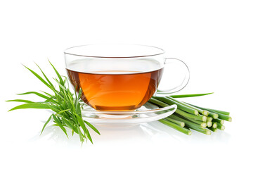 Steaming cup of green tea with fresh leaves on white background