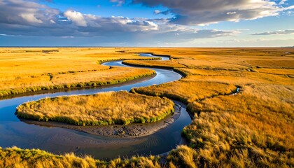 Aerial shot of a winding river through golden grasslands, with dramatic cloudy sky