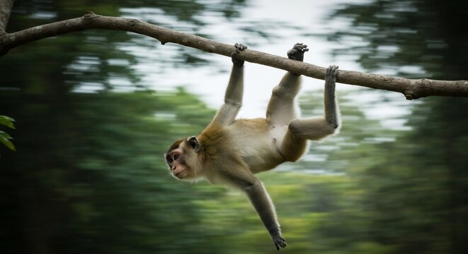 Macaque monkey hanging upside down from a tree branch in a lush forest