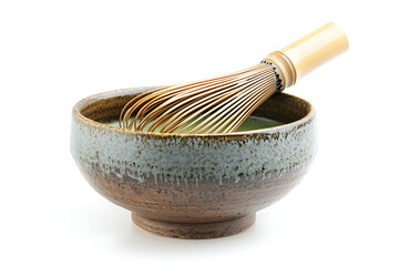 Traditional Japanese matcha bowl with bamboo whisk on white background