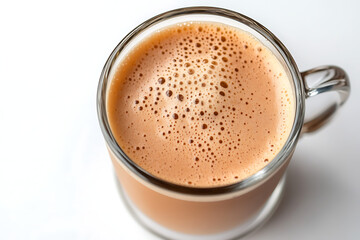 Close-up of frothy coffee drink in transparent glass mug on white