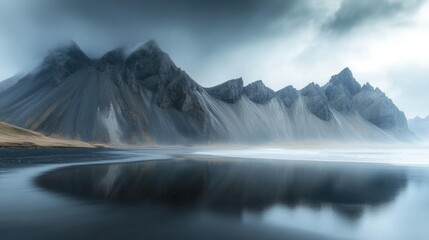 Dramatic Stokksnes Beach in Iceland with Black Sand, Vestrahorn Mountain Peaks, Moody Sky and Ocean Waves, Wild Nordic Nature Landscape, Travel Destination and Scenic Coastal View
