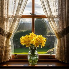 vase with yellow flowers on a wooden window sill transparent background