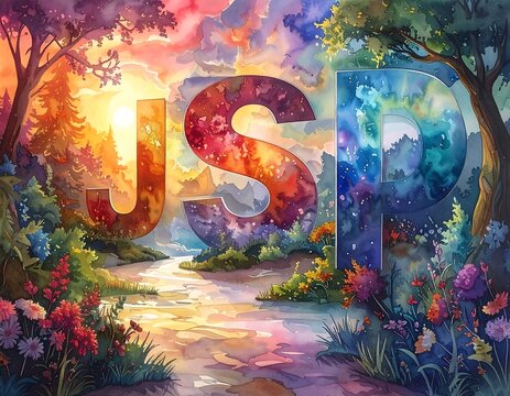 Colorful floral landscape with large multi-colored letters "JSP