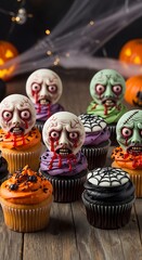 Halloween cupcakes with zombie faces and spiderwebs on a wooden surface