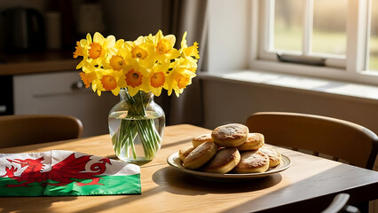 Welsh breakfast with daffodils and flag on table transparent background