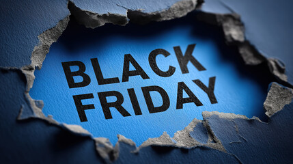 Holiday shopping concept with broken blue paper displaying Black Friday for online retail marketing
