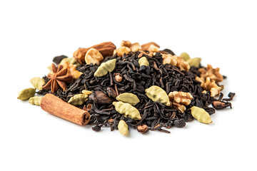 Assorted tea spices and herbs on white background