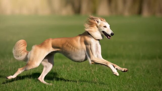 Graceful persian greyhound running in lush green field at sunrise
