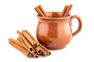 Warm cinnamon sticks in a rustic brown mug on white background