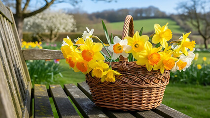 wicker basket full of daffodils on wooden bench in park transparent background