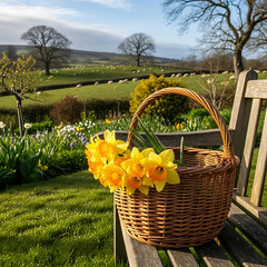 wicker basket with daffodils on wooden bench in garden transparent background