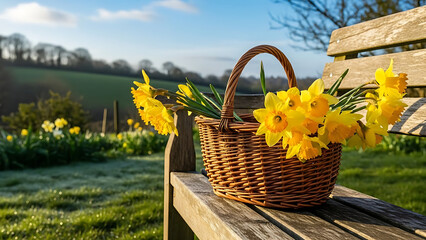 wicker basket with yellow daffodils on wooden bench transparent background