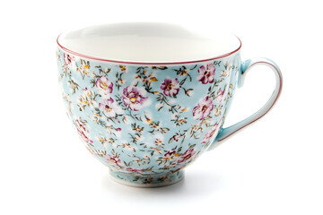 Beautiful floral teacup with pink and yellow flowers on light blue background
