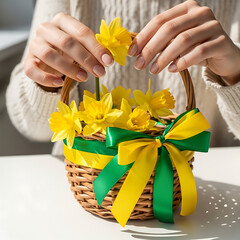woman hands holding yellow flowers in wicker basket with green and yellow ribbon transparent background